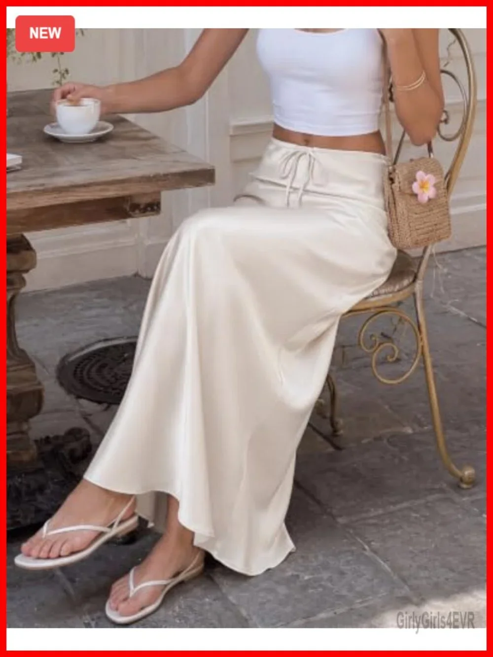 Women Satin Silk Maxi Skirt Drawstring High Waisted Flowy A-Line
